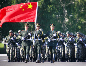 Chinese soldiers marching outside of Cherbakul, Russia
