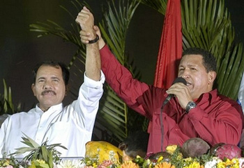 Hugo Chavez and Daniel ortega celebrate the Sandinista Revolution