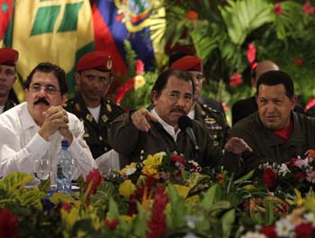 Zelaya in Nicaragua with Ortega and Chavez