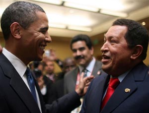Obama cordially greets Chavez