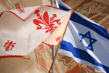 The flags of Florence and Israel waving together