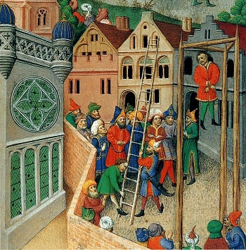 A medieval depiction of a public hanging