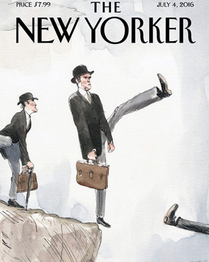 cover of the New Yorker magazine showing English men walking off a cliff