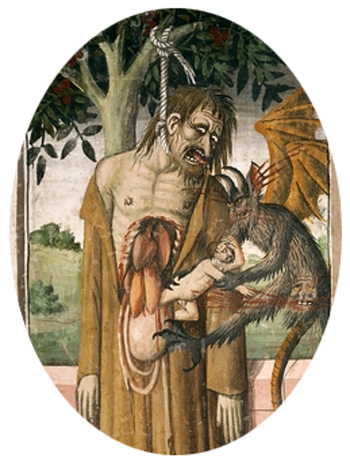 15th century depiction of Judas hanging himself and having his soul taken out of his entrails by a demon