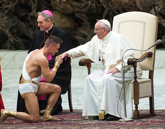 pope circus acrobat kiss hand