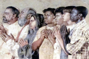 Detail from the L.A. tapestry 'communion of saints', also known as 'the people of God' by John Navas depicting modern poorly dressed youths alongside saints