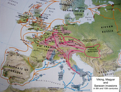 map of the barbarian invasions in the 9th and 10th centuries