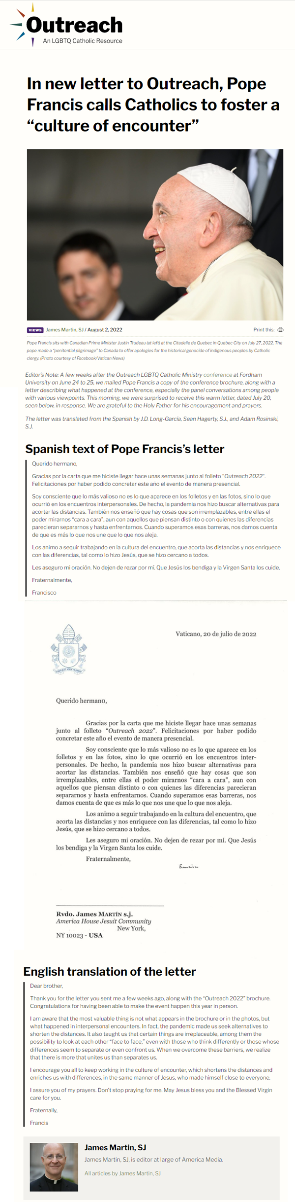 Francis letter to Fr. James Martin praising LGBT