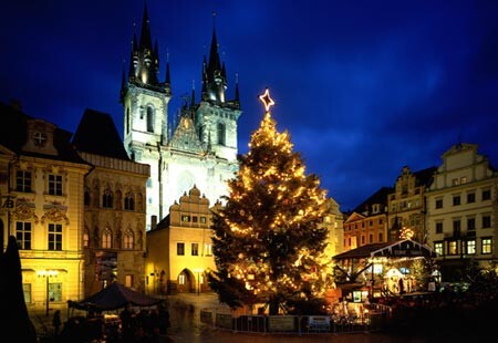 A large Christmas Tree in Prague Old Town Square