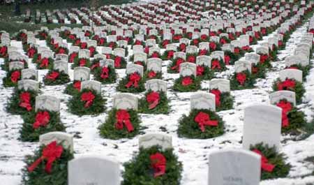 Arlington cemetery with wreaths and snow