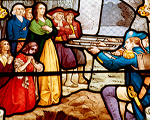 A stained glass window depicting a massacre in the Vendee