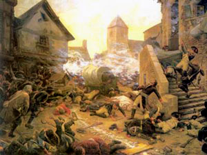 A painting showing a town battle in the Vendee