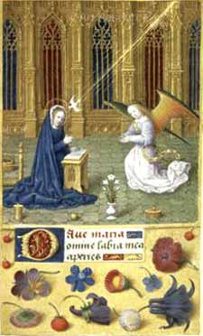 A 16th century Annunciation picture with symbolic flowers beneath it