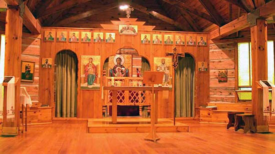 wooden interior of a byzantine chapel