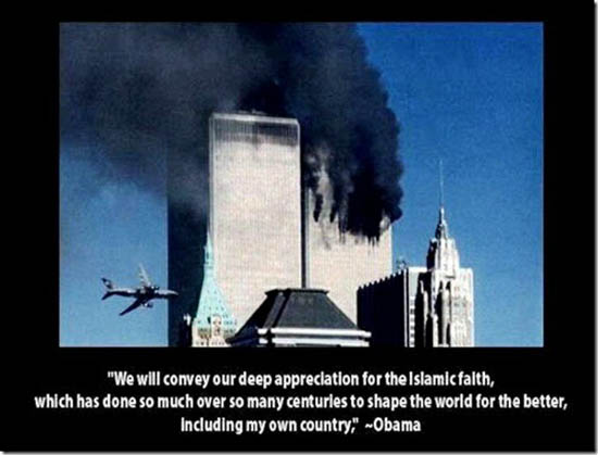 A photo of the 9/11 attacks with a pro-Muslim quote of Obama
