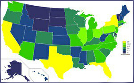 map showing US states that allow homosexual 'marriage'