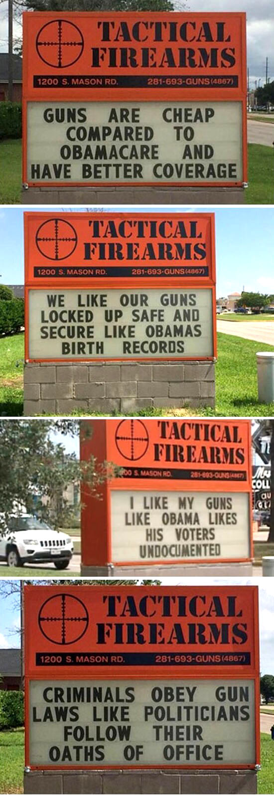 Tactical Firearms sign boards with sarcastic advertisements
