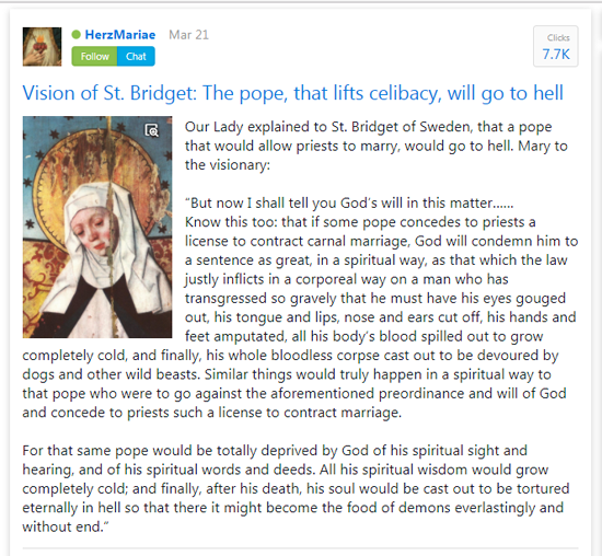 St Brigit apparition on the Pope who ends priestly celibacy