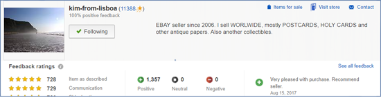 Ebay listing of the Post card seller