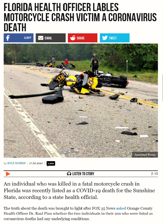 Motorcycle death  by crash reported as covid-19