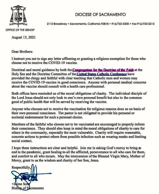 Bishop of Sacramento Vaccine Letter