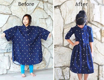 before after on modifying an oversized shirt into a beautiful and modest dress