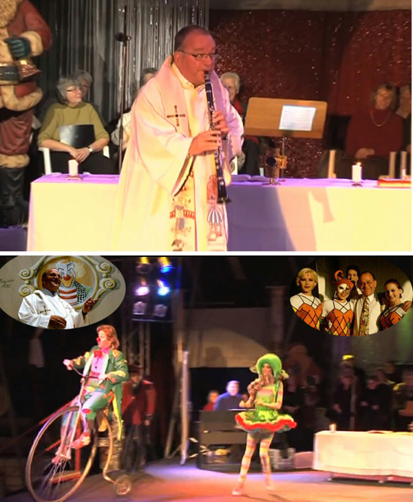 Fr. Ernest Heller playing the clarinet, and clowns performing near the altar