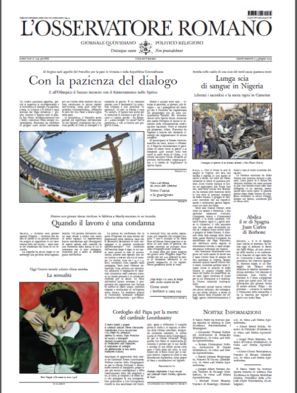 news article from L'Osservatore Romano featruing Lovers in Pink, by Mark Chagall