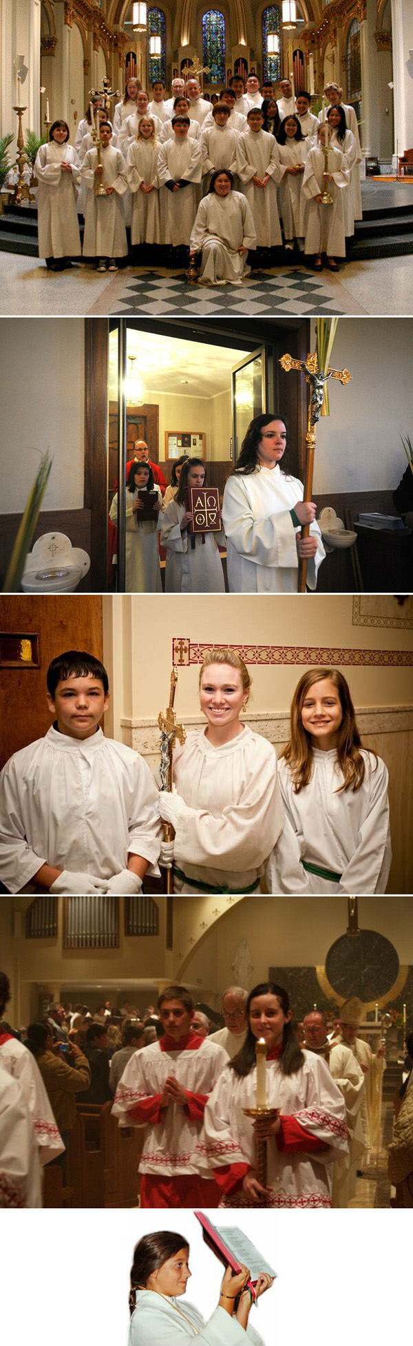 altar boys and altar girls posing on the steps in a cathedral