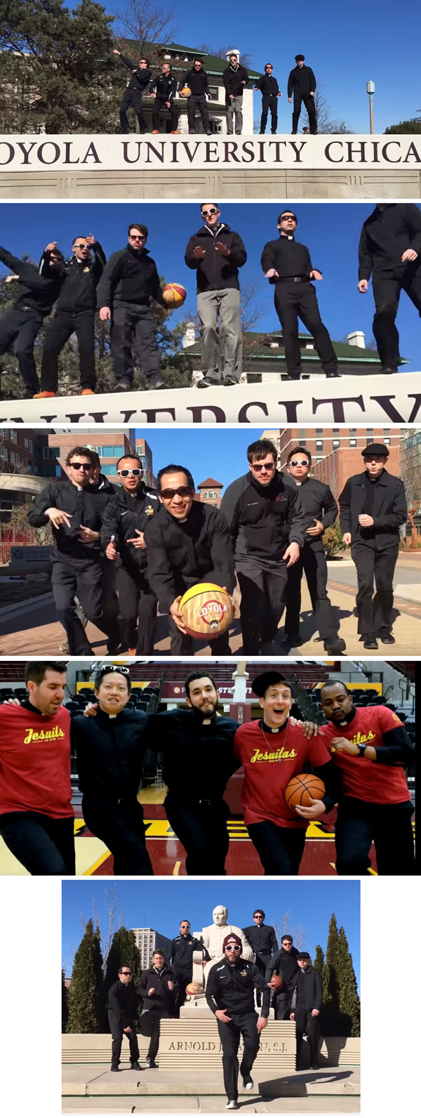 Jesuit priests in sunglasses performing for their Loyola video