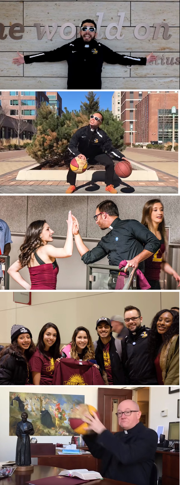 Jesuit priests doing modern dance and playing with basketballs