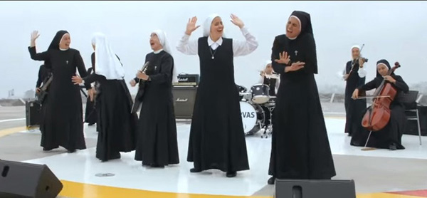 Siervas, the Peruvian rock band of nuns, performing outdoors