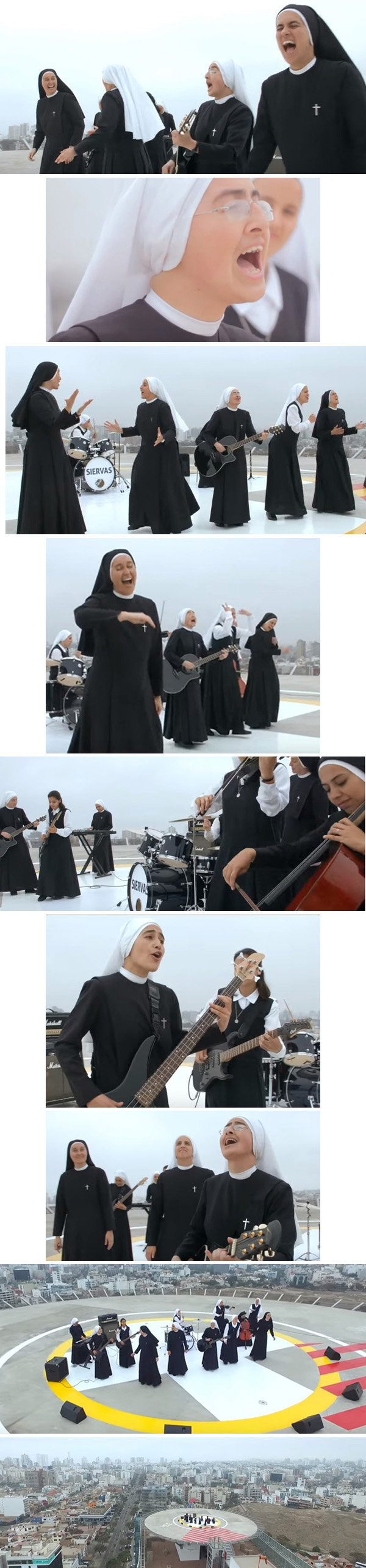 Photograph collage of the Siervas nuns singing, yelling, and performing outdoors on a helicopter pad