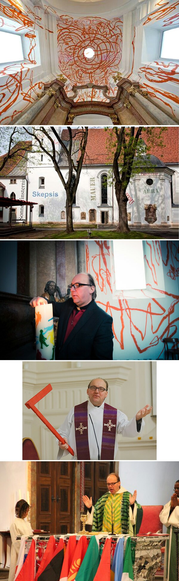 photo montage showing the graffiti art desecration of Saint Andra Church and modernist masses of bishop Glettler