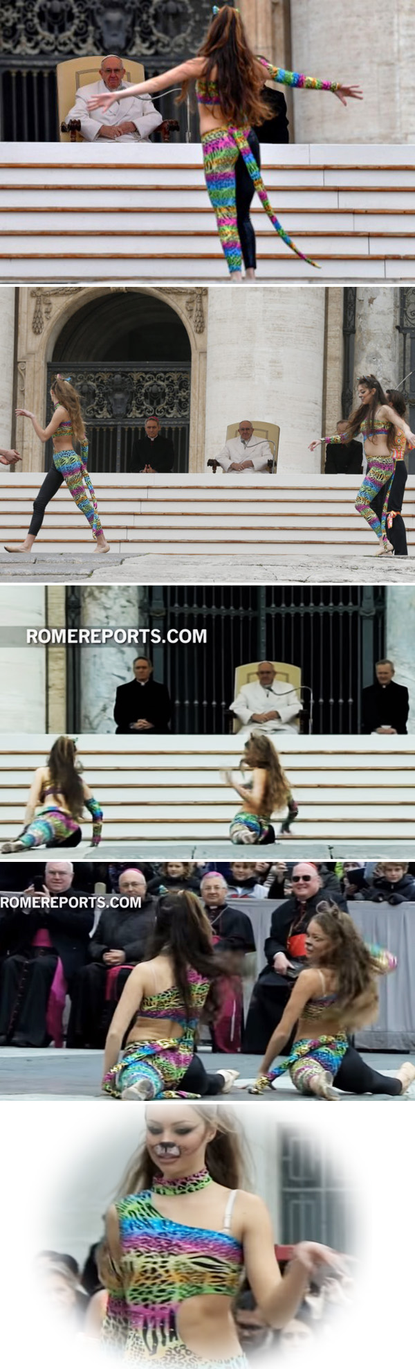Photo collage of women in skin tight leotards performing suggestive dances before Pope Francis and prelates in the Vatican