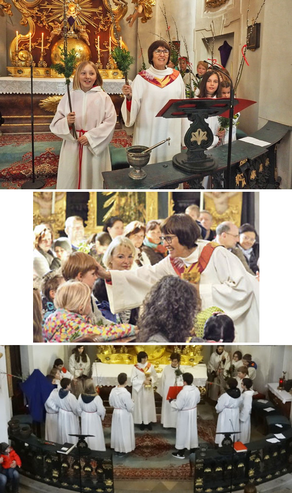Photo montage of Sissy Kamptner performign the duties of a priest