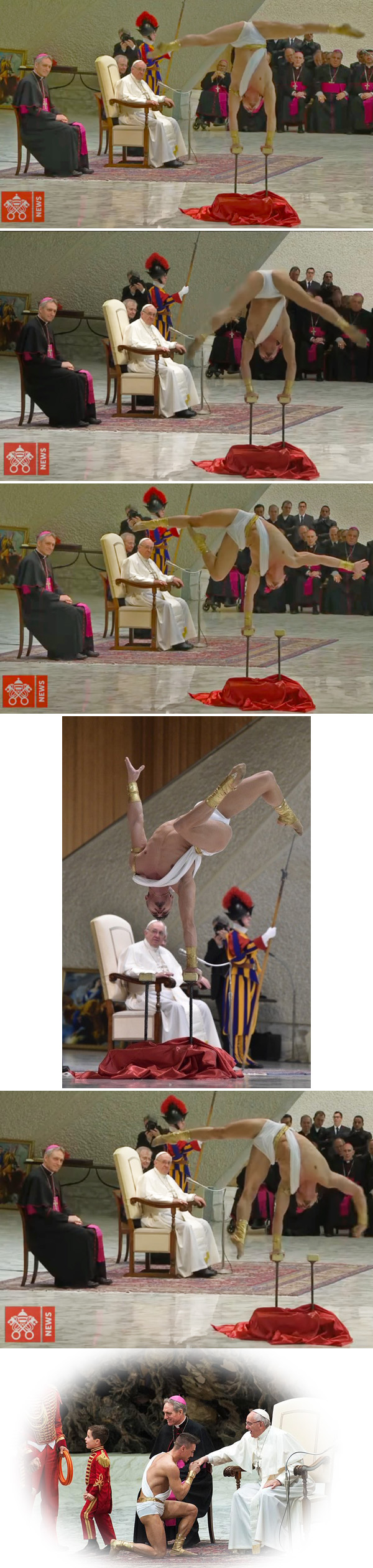A photo montage showing Pope Francis admiring male body contortions