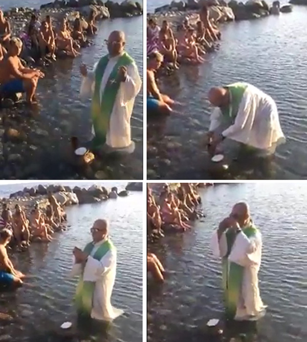 Priest saying Mass in the water at a beach