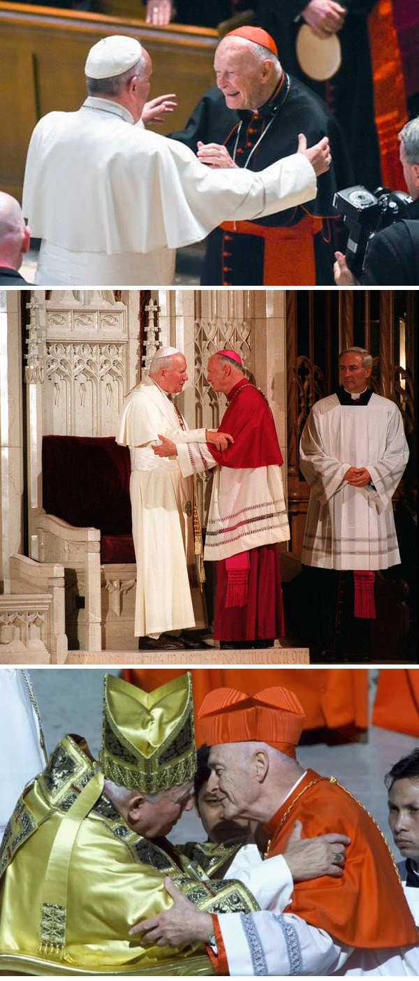 Cardinal Theodore McCarrick being embraced by different Popes
