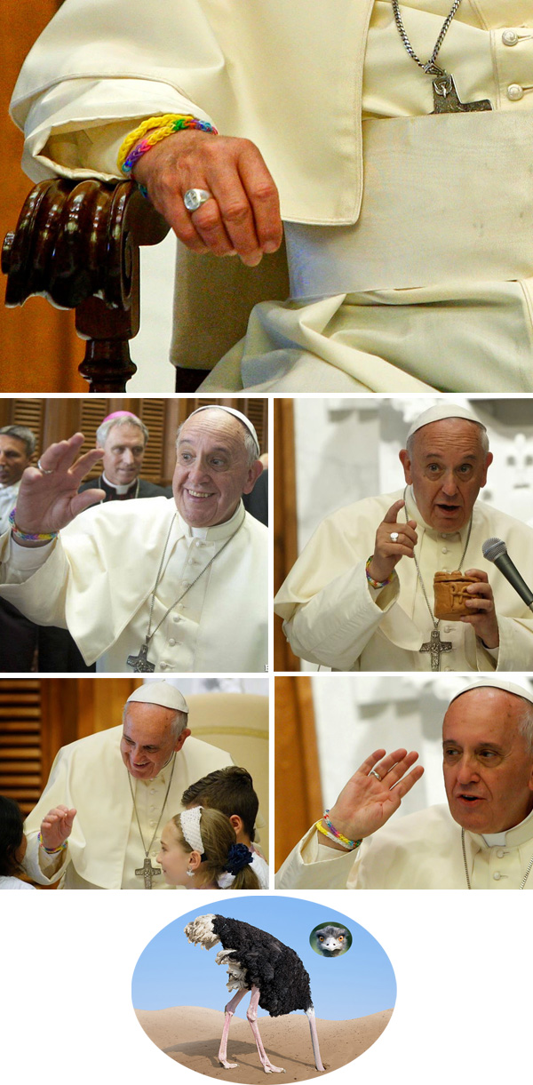 Pope FRancis wears a rainbow bracelet