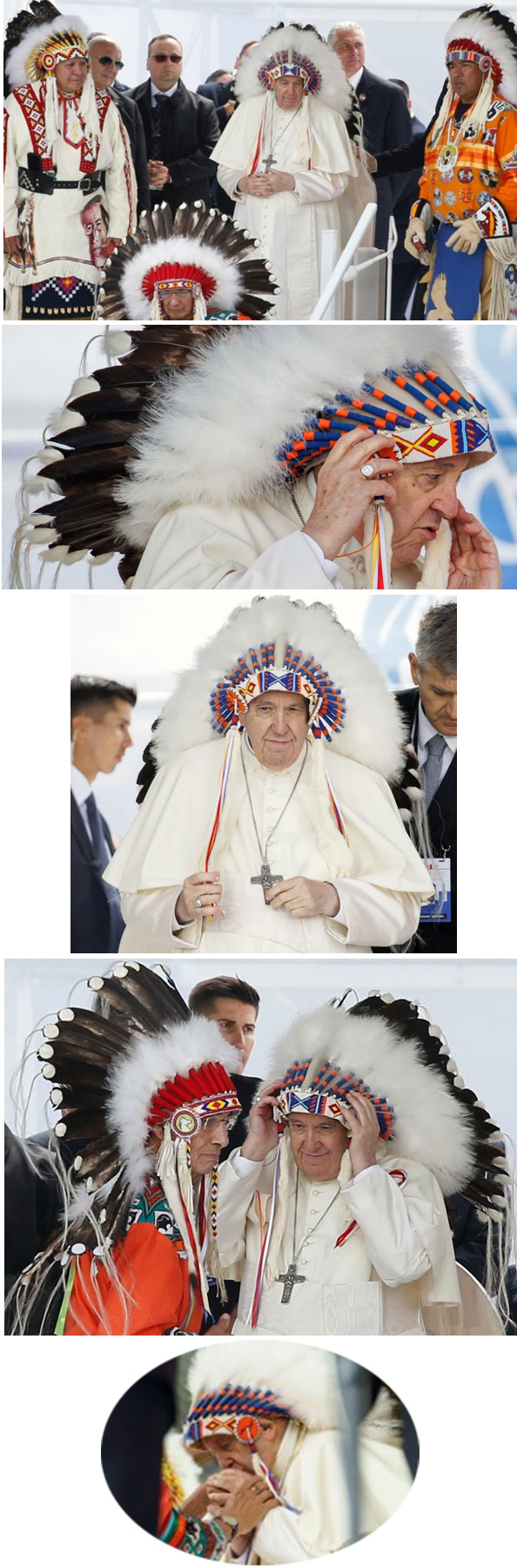 "Francis with headdress in Canada