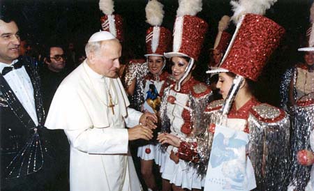 Pope John Paul II greeting baton majorettes in mini-skirts
