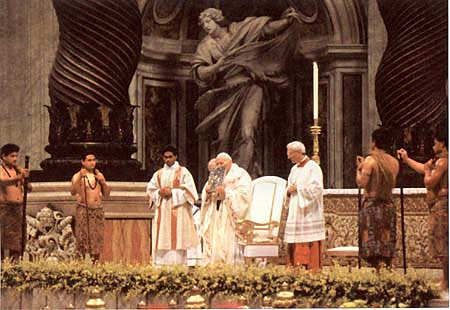 Tribesmen from Oceania on the main altar of the Basilica of St. Peter with John Paul II 