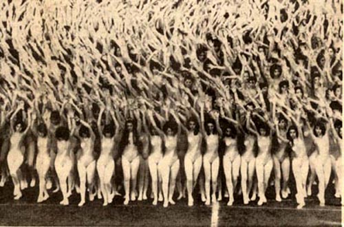 A large group of young women in skintight leotards perform synchronized dancing