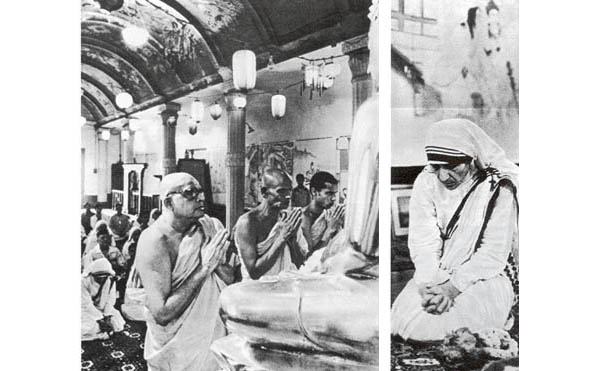 Photographs of Mother Teresa praying in a Buddhist ceremony