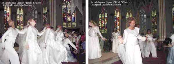 Women in white dresses performing extravagent dances inside a Church