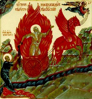 Elias dropping his mantle to Eliseus from the fiery chariot