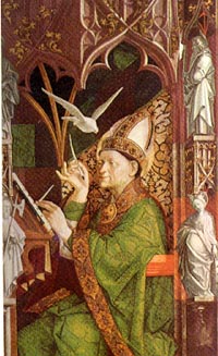 St. Ambrose writing while inspired by the Holy Ghost