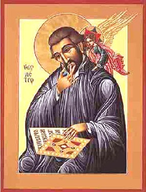 St. Peter canisius being enlightened by an angel while reading scripture