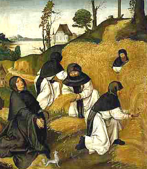 A painting of Cistercians harvesting wheat
